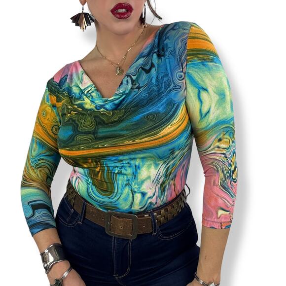 90's designer psychedelic rainbow trippy swirl boatneck shirt by PANIZ - Picture 1 of 16